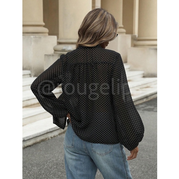 Black Polka Dot Tie Neck Loose Fitting Button Down Shirt Blouse - Picture 5 of 7